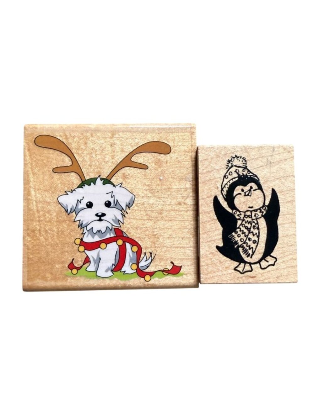 Holiday Craft Rubber Stamp Set/Cute Christmas Maltese Puppy & Penguin in Scarf